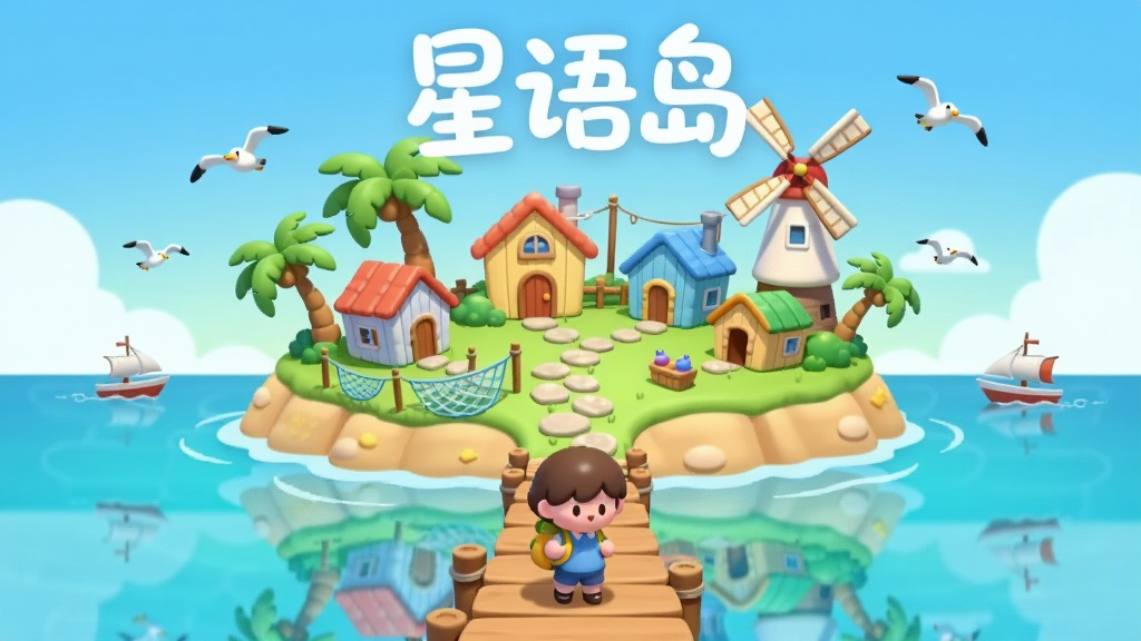 画面主体是一座漂浮在碧蓝海面上的卡通小岛,岛上分布着彩色小屋、椰子树和风车,前景有一位背着背包的可爱角色站在木质码头上,布局采用居中构图,小岛占据画面中央偏上位置,下方留出海面倒影空间,风格为清新治愈的卡通插画风,细节包括岛上的石板小路、晾晒的渔网、飞舞的海鸥和远处的小船,画面上方用圆润的白色字体写着