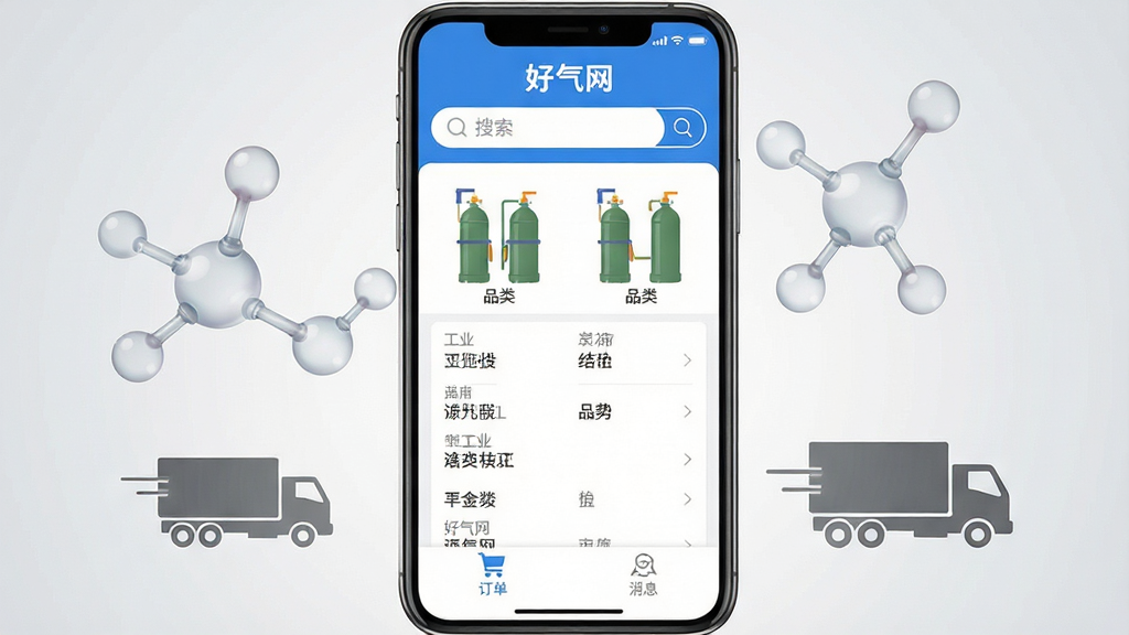 画面主体为一部智能手机,屏幕中央展示“好气网”应用首页界面,页面顶部为蓝白配色搜索栏,中部排列工业气体钢瓶图标与品类列表,底部为订单与消息导航栏;手机两侧漂浮半透明气体分子结构与物流货车剪影,背景为浅灰渐变;整体采用清爽商务风格,布局居中对称,细节清晰,画质干净锐利,无多余装饰元素