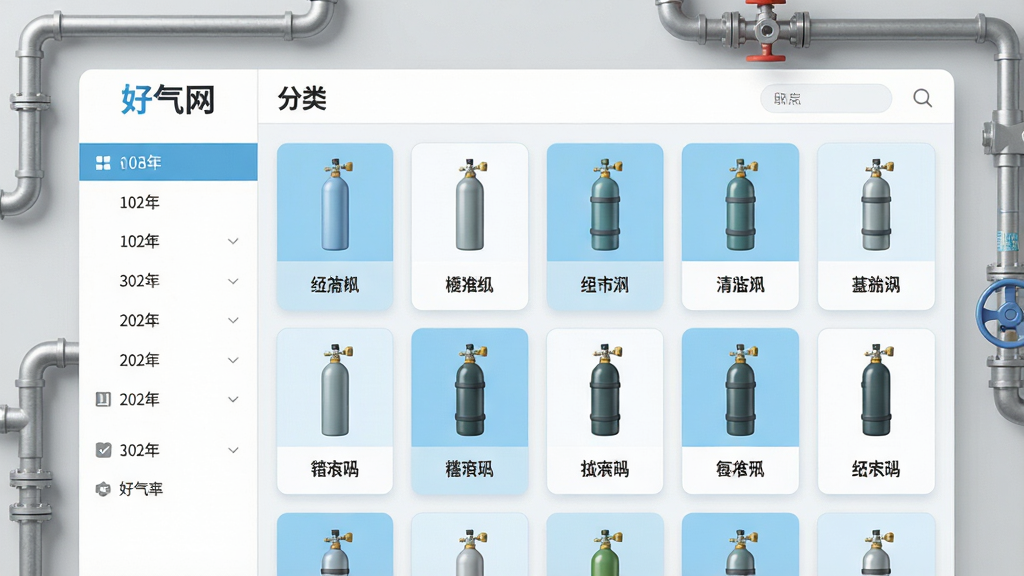 画面主体为“好气网”应用中的气体品类列表页面,左侧为分类导航栏,右侧以卡片形式排列多种工业气体钢瓶图标与名称标签,卡片配色为浅蓝与白色交替;背景为淡灰色工作台面,点缀少量管道与阀门元素;风格简洁现代,排版整齐,细节精致,画质清晰干净,无杂乱文字堆砌