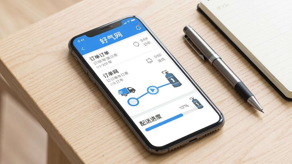 画面主体为“好气网”应用订单跟踪界面,手机屏幕显示订单列表与配送进度条,进度节点以蓝色圆点串联,旁边配有小型货车与钢瓶图标;手机放置于浅色木质桌面,旁边有一支笔与记事本;整体风格清新简约,布局疏朗,细节清楚,画质干净明亮,无多余元素干扰