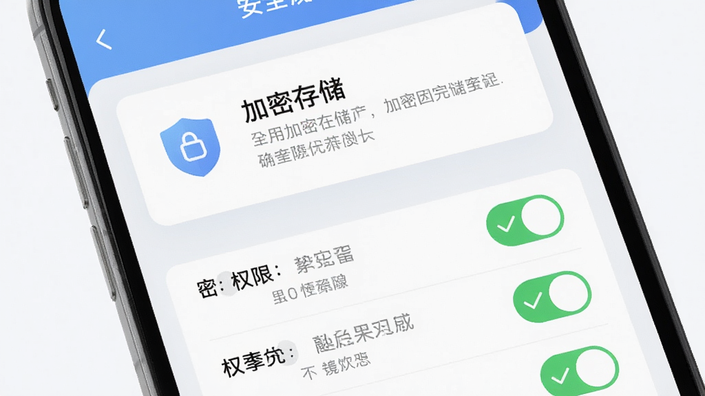孕柚应用隐私安全设置页面,主体为手机界面特写,布局为上下结构,上方是加密存储说明卡片,下方是权限开关列表,排版整齐,风格为清爽浅色系安全设置界面,细节包括盾牌图标、绿色对勾标记、灰色说明文字,画质清晰,干净,无多余元素