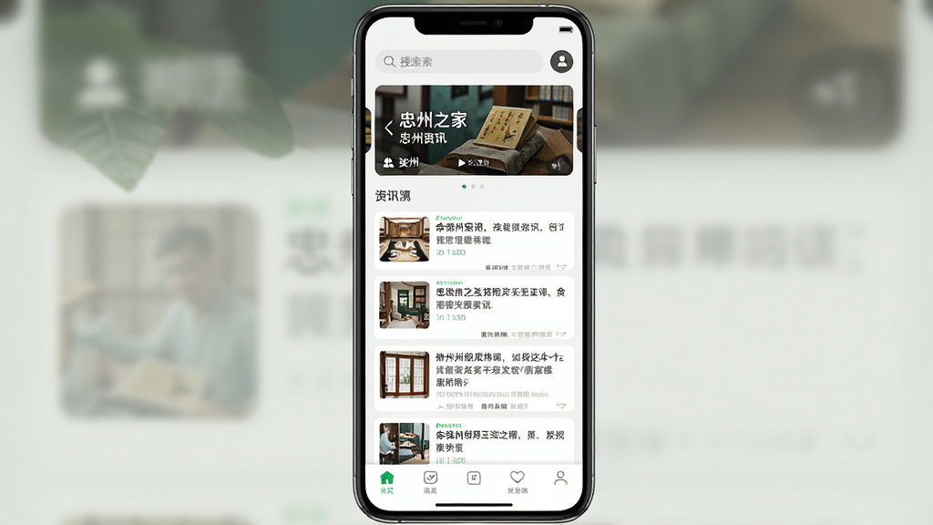 忠州之家应用首页资讯列表与功能入口界面展示,手机屏幕竖版布局,顶部搜索栏与轮播图,中部资讯卡片瀑布流,底部导航栏五个图标,整体风格清新简洁,画质清晰干净