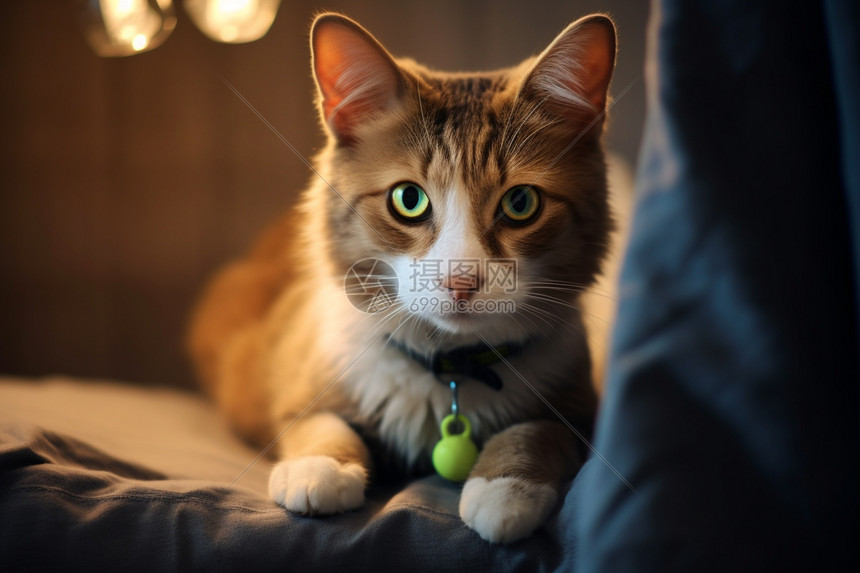 一只可爱的猫咪在温馨的家中,旁边摆放着智能喂食器和智能猫厕所,主人通过手机上的HHOLOVE应用远程查看猫咪状态,画面明亮温暖,展现科技与宠物共处的和谐场景,高清细节,数字艺术风格