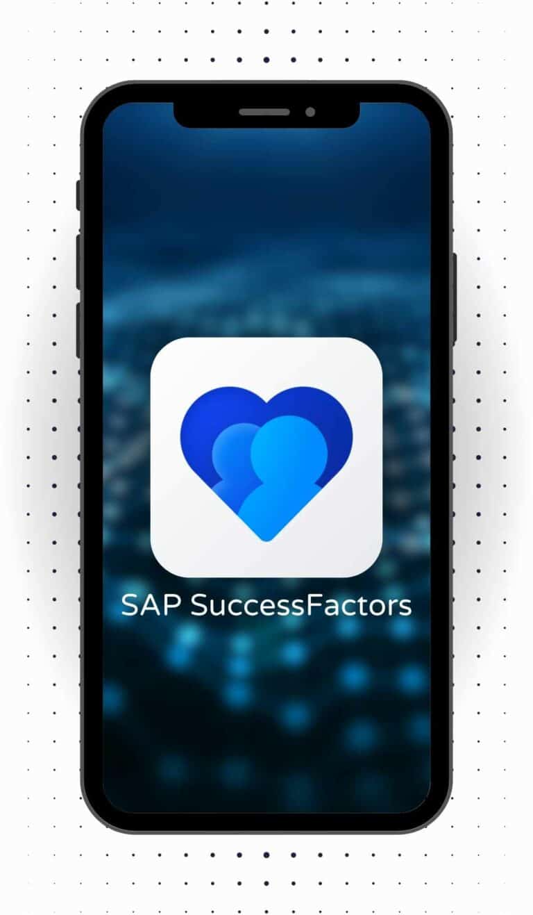 A detailed digital illustration showing a smartphone displaying the SAP SuccessFactors Mobile app interface, with a friendly manager and employee interacting in the background, organizational charts floating around, icons for approval, learning, and messaging, modern corporate style, vibrant blue and white tones, high detail, 8k resolution