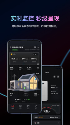 一张展示小固云窗+手机App界面的高清图片,屏幕上有家庭光伏系统的实时发电数据图表、能量流动态示意图、设备状态列表,背景为现代家庭屋顶太阳能板,整体风格明亮科技感,突出智能能源管理主题,画面包含“小固云窗+”字样