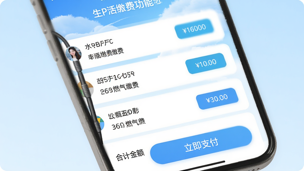 �Ҹ���APP����ɷѹ��ܽ��棬�ֻ���Ļ����ʾˮ��ȼ���ɷ��б���ÿ����Ŀ��Ӧ���ͽɷѰ�ť���ײ��кϼƽ�������֧����ť������Ϊǳ��ɫ���䣬�����࣬������������ƽ����񣬻��ʸɾ����޶���Ԫ��