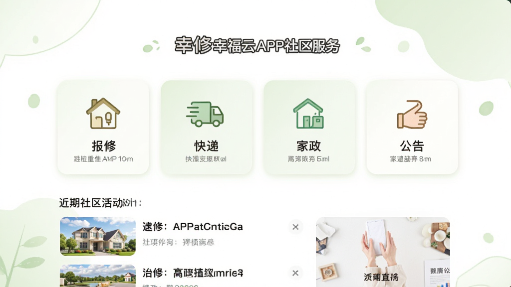 �Ҹ���APP��������ҳ�棬չʾ���ޡ���ݡ������������ĸ����ܿ�Ƭ��ÿ����Ƭ���м��ͼ�꣬�·��н���������б�������Ϊ��ɫ��ǳ��ɫ��׺����������ܰ��Ȼ�����沼�ֺ��������ʸɾ����޶���Ԫ��