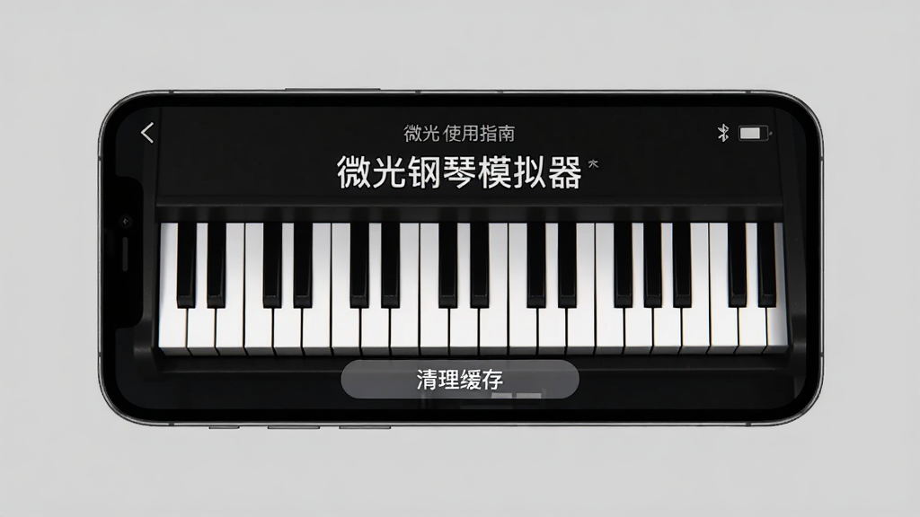 画面主体为手机横屏运行微光钢琴模拟器,屏幕显示设置界面,下方有“清理缓存”按钮。布局采用手机居中,背景为简约灰色。排版突出“使用指南”主题,屏幕内显示“微光钢琴模拟器”字样。风格为写实手机截图风格,画质清晰,干净无多余元素。