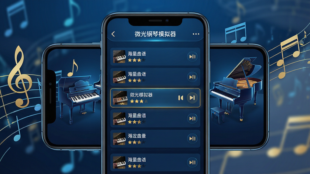 画面主体为手机横屏浏览曲谱列表,屏幕中显示多首歌曲名称与难度星级,其中一首正在播放。布局采用手机居中、背景为抽象音乐符号流动。排版采用列表式设计,突出“海量曲谱”概念。风格为科技蓝与金色点缀的UI设计,画质精细,干净无多余元素,屏幕内显示“微光钢琴模拟器”字样。