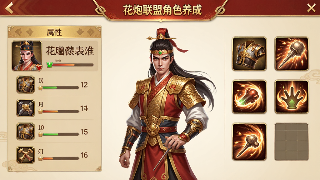 主体:花炮联盟角色养成界面,展示角色属性面板和装备栏。布局:角色立绘居中,左侧为属性列表,右侧为装备和技能图标。排版:清晰明了,便于操作。风格:国风UI,金色与红色为主色调。细节:角色立绘精致,装备图标具有质感,画面干净无多余元素。画质:高清,干净,无多余元素。