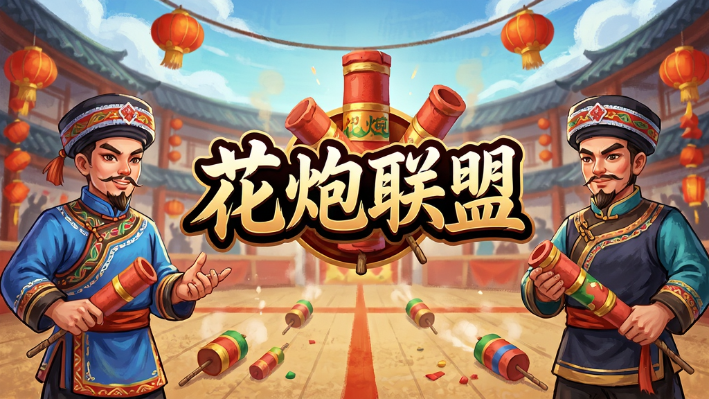 主体:花炮联盟游戏主界面,展示游戏LOGO“花炮联盟”和主要角色,背景为传统花炮竞技场。布局:LOGO居中,角色分布两侧,背景为竞技场。排版:简洁大气,突出游戏名称和角色。风格:国风手绘,色彩鲜艳,细节丰富。细节:角色服饰具有民族特色,花炮元素点缀,画面干净无多余元素。画质:高清,干净,无多余元素。