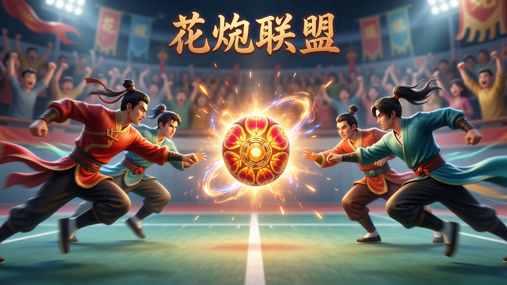 主体:花炮联盟游戏对战画面,两队玩家正在争夺花炮。布局:画面中央为花炮,两队角色分别从两侧冲向花炮。排版:动态捕捉瞬间,突出竞技氛围。风格:写实与国风结合,色彩明亮。细节:角色动作流畅,花炮带有光效,背景为观众欢呼的赛场。画质:高清,干净,无多余元素。