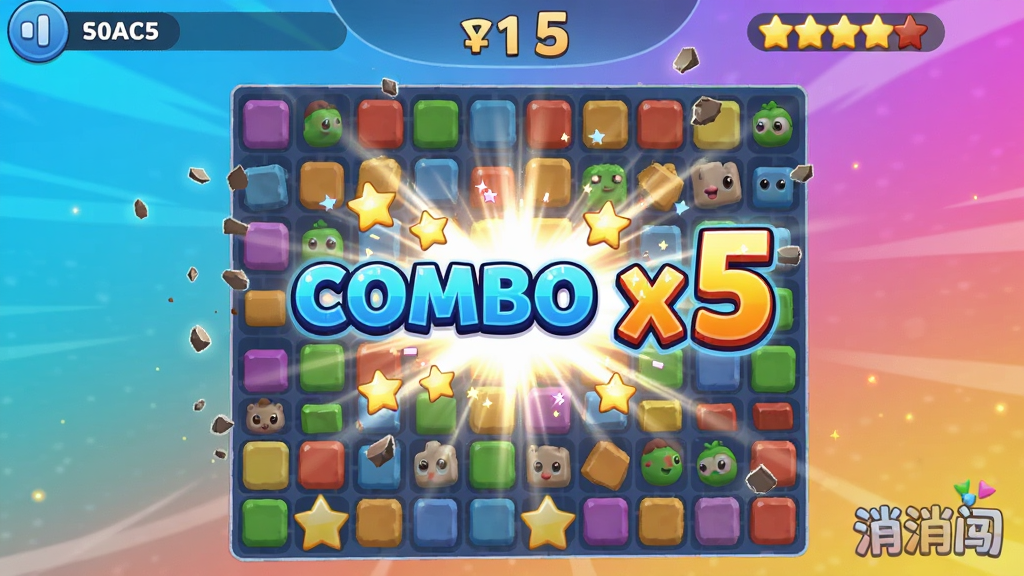 游戏画面中,多个彩色方块正在同时爆炸消除,连击数字“COMBO x5”高亮显示在屏幕中央,周围有星星和光效。布局以消除区域为主体,上方显示得分和连击数,背景为动态渐变色彩。风格为现代卡通渲染,细节包括方块碎裂的粒子和光晕,画质清晰明亮,干净无多余元素。图片中隐约可见“消消闯”标志在角落,整体动感十足。