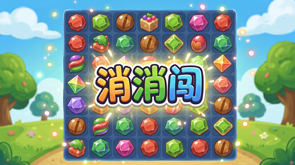 画面主体为色彩鲜艳的糖果、宝石等消除元素散落在游戏棋盘上,背景是明亮温馨的卡通风格场景,有蓝天白云和绿树。整体布局以游戏界面为中心,四周环绕着可爱的特效光点。排版上采用中心构图,突出消除方块和得分数字特效。风格为清新卡通手绘风,细节包括方块上的高光和阴影,画质高清,干净无多余元素。图片中央显示游戏名称“消消闯”艺术字,整体氛围欢乐活泼。
