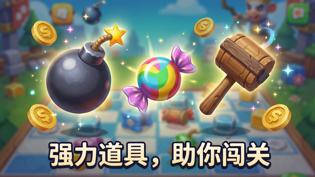 游戏道具特写图,展示炸弹、彩虹糖、木槌等道具图标悬浮在棋盘上方,背景为模糊的游戏场景。布局以道具为中心,周围有金币和特效点缀。风格为3D卡通渲染,细节包括道具的质感和光影,画质清晰,干净无多余元素。图片中道具下方配有文字“强力道具,助你闯关”,整体色彩丰富,吸引眼球。