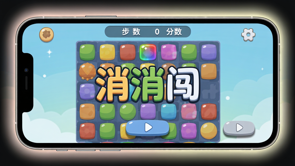 手机横屏显示游戏画面,屏幕中央有“消消闯”字样,背景是彩色消除棋盘,上方显示步数和分数,界面简洁清爽。布局以屏幕为主体,周围有柔和光晕,风格为现代扁平化,细节包括方块上的高光和按钮阴影,画质清晰,干净无多余元素。