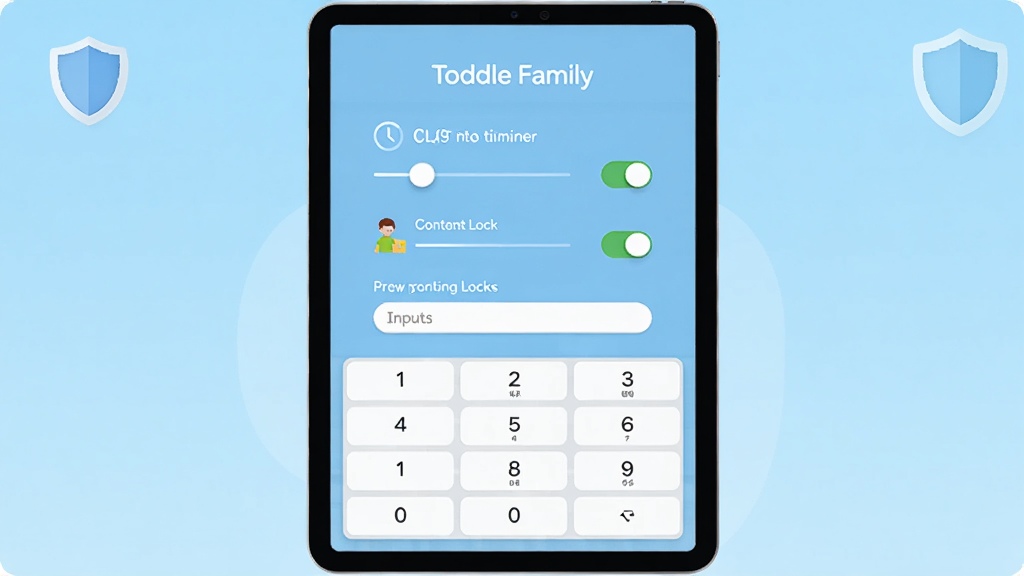 ����չʾһ��ƽ�������Ļ����ʾToddle Family�ļҳ�������壬������м�ʱ��������������������򣬱���Ϊǳ��ɫ���䣬�����ж���ͼ�꣬���־��жԳƣ����Ϊ��ƽ��UI��ƣ�ϸ�ڰ������鿪�غ����ּ��̣����������ɾ����޶���Ԫ��
