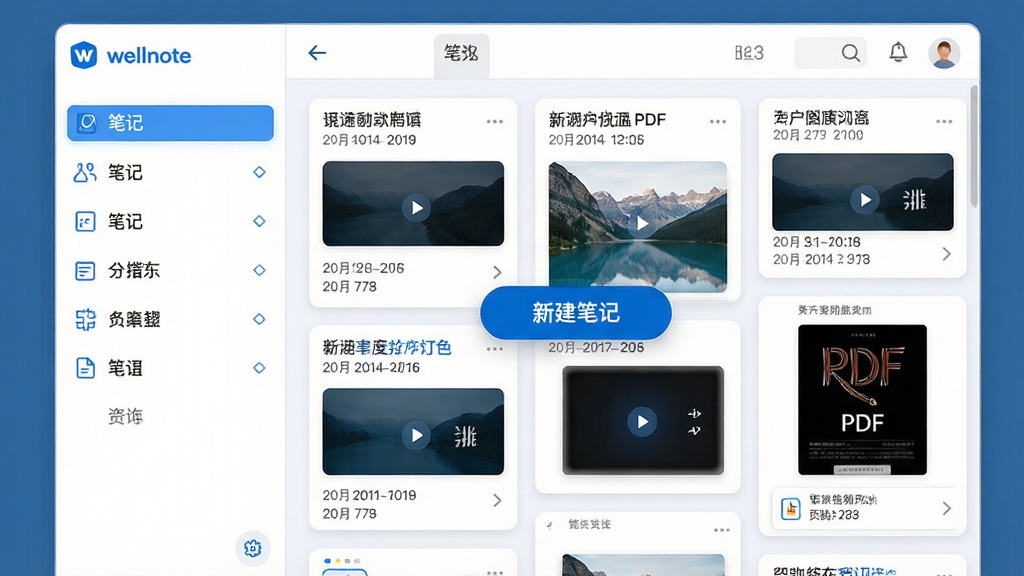 ���壺WellnoteӦ�������棬չʾ�ʼ��б���PDF�ĵ��⡣���֣����Ϊ�ʼǷ��������Ҳ�Ϊ�ʼǿ�Ƭ�ٲ������м��������½��ʼǡ���ť���Ű棺�����������Ƭʽ��ƣ����׳��㡣����ִ���ƽ����������ɫ����ϸ�ڣ��ʼǿ�Ƭ����ʾ���⡢����������ͼ��PDF�ĵ���ʾ������ҳ�������ʣ����壬�ɾ����޶���Ԫ�ء�