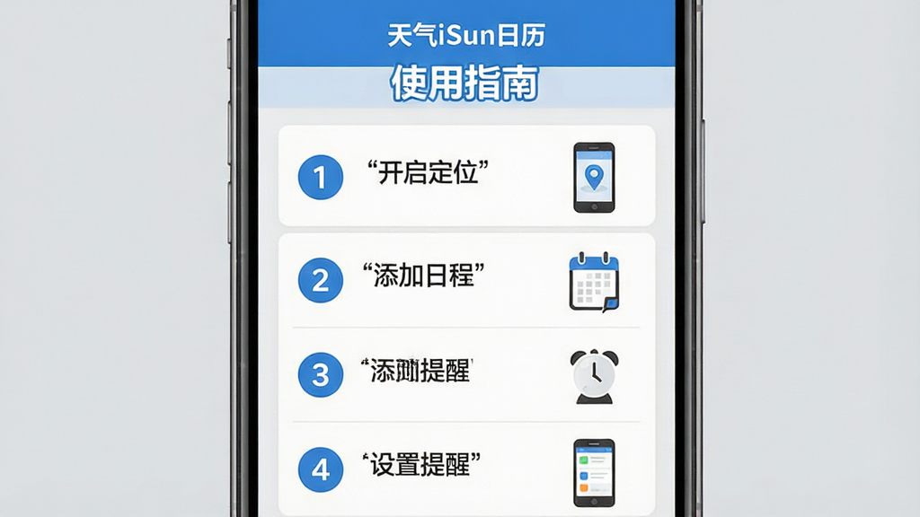 ���壺һ�������ֻ�������ʾ������iSun��������ʹ��ָ�Ͻ��棬��Ļ���в���˵�����ֺ�ͼ�ꡣ���֣��ֻ����У���Ļ�Ϸ�Ϊ���⡰ʹ��ָ�ϡ����·�Ϊ�����б���ÿ������ǰ������ͼ�ꡣ�Ű棺������������������Ŀ��ͼ���࣬����Ϊǳ��ɫ����񣺽�ѧ���ͼ�Ĳ�ï��ɫ������ɫ�Ͱ�ɫΪ������ܰʵ�á�ϸ�ڣ����������������λ�����������ճ̡������������ѡ��ȣ�ÿ������ʾ��ͼ�����ʣ����壬�ɾ����࣬�޶���Ԫ�ء�