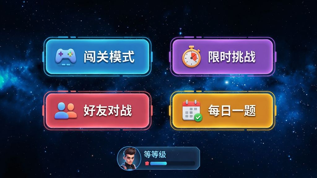 ��������Ϊ��Ϸģʽѡ����棬����Ϊ�ǿ�ҹ�գ��ĸ���ɫ��ť�ֱ��ע������ģʽ��������ʱ��ս���������Ѷ�ս������ÿ��һ�⡱��ÿ����ť����һ��Сͼ�ꡣ�����·���ʾ���ͷ����ȼ������岼�־��У��Ű����������Ƽ���ʮ�㣬���ʸ��壬�ɾ����࣬�޶���Ԫ�ء�