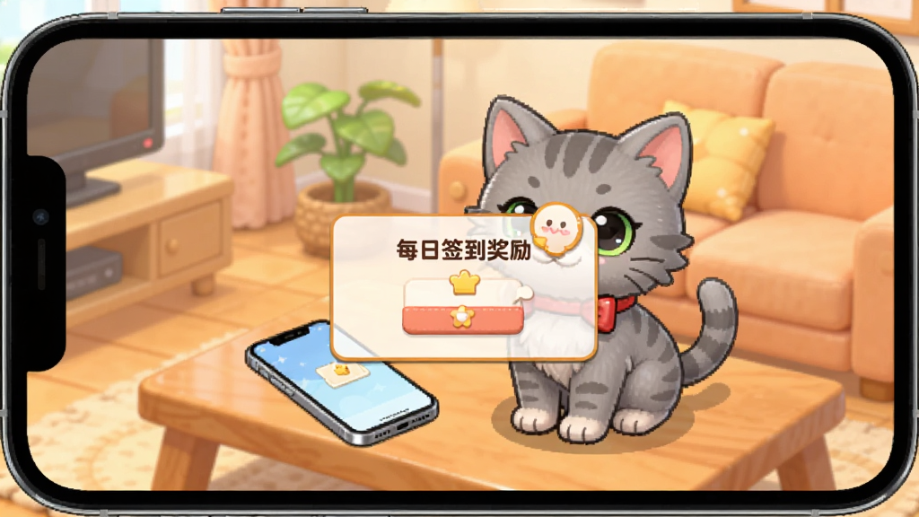 pupurrs��Ϸ�ڽ�ͼ���ֻ���Ļ��ʾһֻ���ź�����Ļ�ɫСè����������ܰ�Ŀ������輸�Ϸ����ֻ�����Ļ�е���һ����ʾ��ÿ��ǩ���������������������������ͨ�ɰ����ɾ��޶���Ԫ��