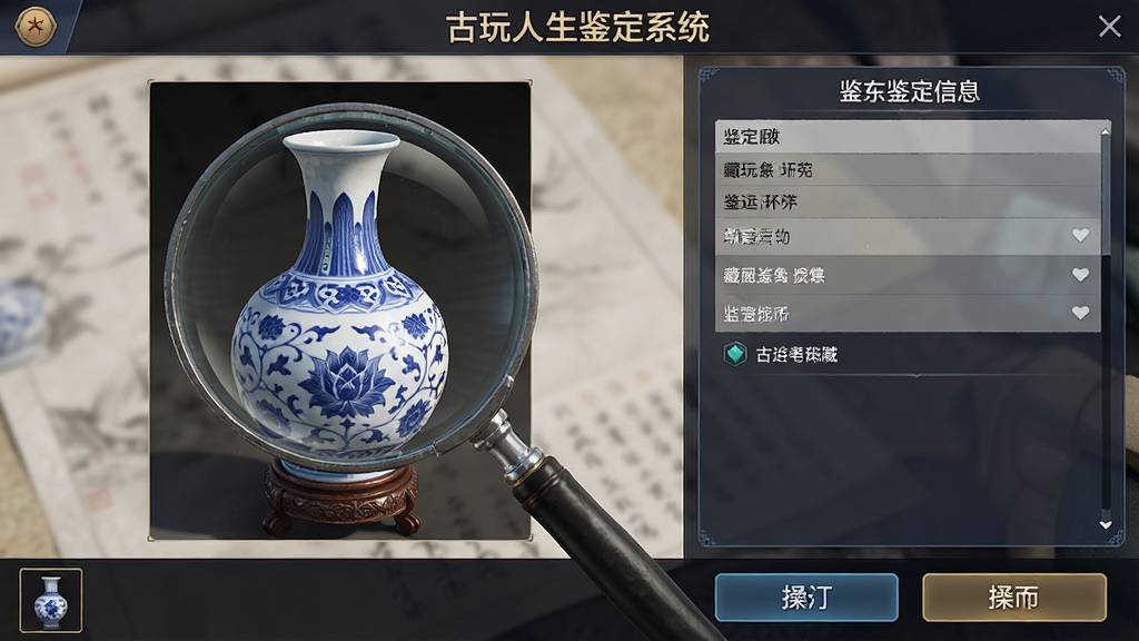 主体:游戏内鉴定界面,放大镜对准一件青花瓷瓶。布局:左侧为藏品细节展示区,右侧为鉴定信息面板,底部为操作按钮。排版:界面清晰,信息分层,文字标注“古玩人生鉴定系统”。风格:写实细腻,光影自然。画质:高清,细节锐利,画面干净。