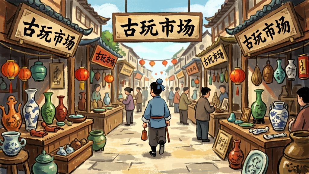 主体:古玩市场场景,多个摊位陈列着各类古董,玩家角色在摊位间穿行。布局:全景视角,摊位沿街道两侧排开,人物居中。排版:热闹有序,招牌文字“古玩市场”。风格:手绘国风,色彩鲜明。画质:高分辨率,画面整洁。