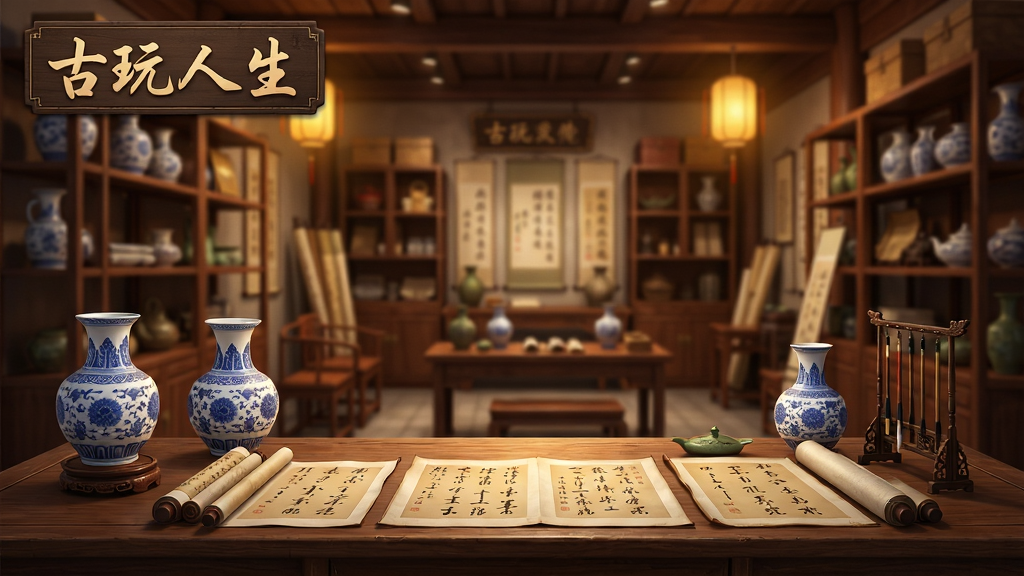 主体:古玩人生游戏主界面,展示古色古香的店铺场景与琳琅满目的古董架。布局:前景为木制柜台与几件青花瓷、字画,背景为暖色灯光下的店铺内景。排版:画面主体居中,古董排列有序,文字标识“古玩人生”置于左上角。风格:写实古风,色调温暖,细节丰富。画质:高清渲染,画面干净无多余元素。