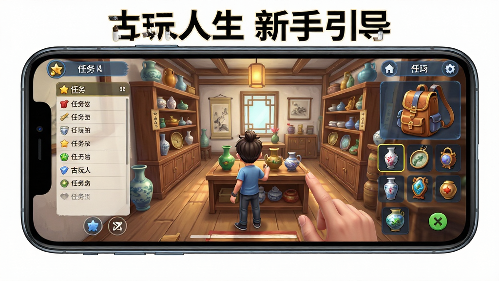 主体:手机横屏显示游戏运行画面,玩家角色在古玩店内整理藏品。布局:界面中央为店铺全景,左侧为任务列表,右侧为背包栏。排版:信息布局紧凑,文字“古玩人生 新手引导”。风格:明亮清晰,卡通写实结合。画质:高清流畅,无多余元素。