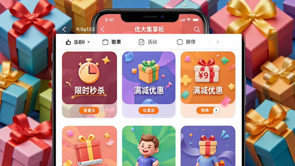 ��������Ϊ�Ŵ��ƹ��Ӫ�������ҳ�棬ҳ�����ж���ģ�忨Ƭ���硰��ʱ��ɱ�����������Żݡ���������������ͼ�ꡣ����Ϊ�ֻ���ͼ���ɫ��Ʒ�н�֯�Ĵ���ϳɣ�ɫ�ʻ��á����ֲ����������У����ʱ�л��ã�ϸ�ڷḻ�����ʸɾ��޶���Ԫ�ء�
