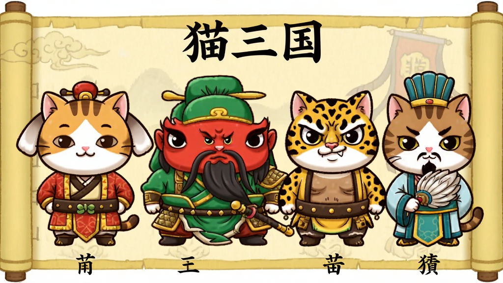 ���壺һ��Q������è���佫���棬����������������è��˫�����磩������è���������룩���ŷ�è����ͷ���ۣ��������è�������ڽ�����ÿ��è�䶼���Ŷ�Ӧ��ʷ����ı�־�Է�װ�����֣����è���佫�������У�����չʾ������Ϊ����ɫ�Ĺ�������������Ϸ��С�è�������������Ű棺ÿ���佫�·����������ֵ�����С�֣������������룬�����ȡ���������ɰ���Q�濨ͨ�������Բ��ɫ�����ޣ��������йŷ���ζ��ϸ�ڣ�ÿ��è��ı������̬��������ɫ������è�º͡�����è���ϡ��ŷ�è��ˬ�������è��ǣ���������������ϸ�������ɼ������ʣ��߷ֱ��ʣ�����ɾ����޶���Ԫ�ء�