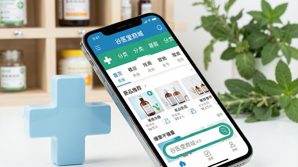��������Ϊһ���Ŵ�������ֻ�����Ļ��չʾ����ҽ���̳ǡ�APP����ҳ���棬����������ʾ���ർ��������Ʒ�Ƽ����Լ�һ�����۵��������ֻ�б����һ������ǳ��ɫҽ��ʮ�ֱ�־�Աߣ��������黯��ҩ���뽡���ݱ�ֲ����岼�ָɾ���ˬ���Ű����APP�����ͼ��񣬱�ƽ����ƣ�ɫ���԰�ɫ����ɫ����ɫΪ����ͻ��רҵ����ȫ���ɿ��ķ�Χ������ϸ�ڷḻ����Ļ���������ɶ������ʸ��壬�ɾ��޶���Ԫ�ء�