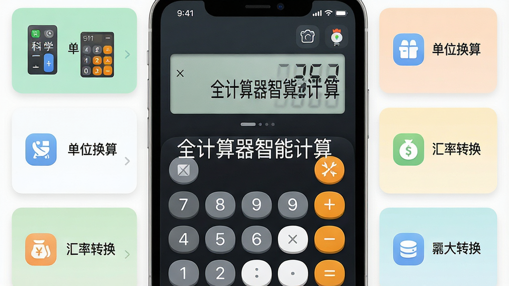 ���壺ȫ���������ܼ���App�Ķ๦�ܽ��棬չʾ��ѧ����������λ���㡢����ת���ȶ������ģ��ͼ�꣬���֣�������ܿ�ƬΧ�������������У��Ű棺��Ƭʽ���֣�ÿ����Ƭ�ϱ�ע�������ƣ�������¼�࣬ɫ����ͣ�ϸ�ڣ���Ļ������ʾ��ȫ���������ܼ��㡱���������ʣ����壬�ɾ����޶���Ԫ��