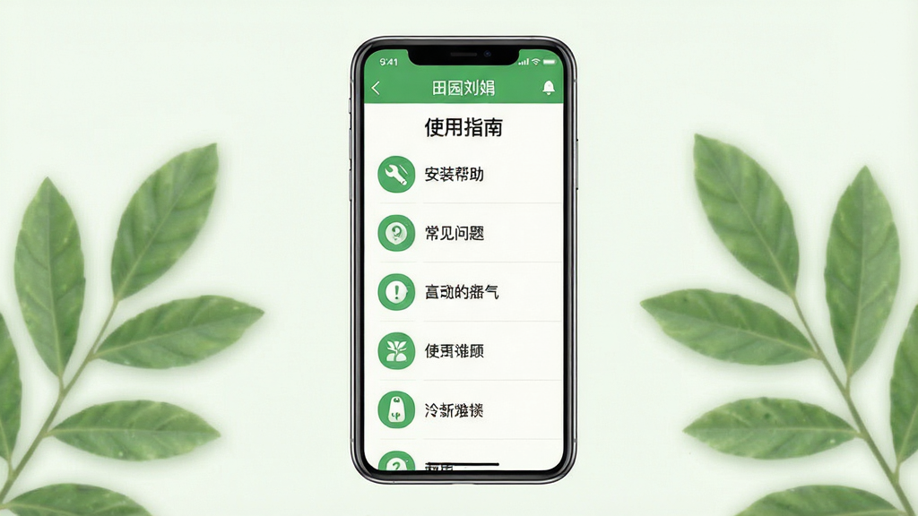 ���壺�ֻ���Ļ����ʾ��԰����APP�ġ�ʹ��ָ�ϡ����棬��������������˵����ͼ�ꡣ���֣��ֻ�����λ�ڻ������룬������������͵���Ҷװ�Ρ��Ű棺���У������������б���ʽչ�֣�ͼ��Ϊ��ɫϵ����񣺼�����죬��ƽ����ơ�ϸ�ڣ���Ļ��ʾ����԰���ꡱ���������г�����װ���������������⡱����Ŀ�����ʣ����壬�ɾ��޶���Ԫ�ء�