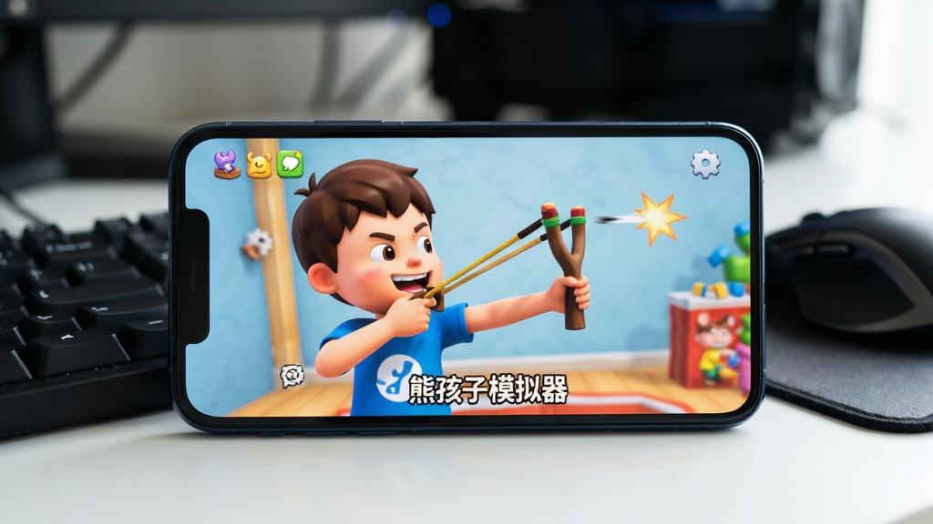 主体:一部智能手机横屏显示“熊孩子模拟器”游戏画面,旁边放着鼠标键盘。布局:手机位于画面中央,屏幕亮起,背景是模糊的电脑桌。排版:采用特写镜头,突出游戏画面中的恶作剧场景。风格:写实摄影风格,光线充足。细节:手机屏幕上显示主角正在用弹弓射击,鼠标键盘作为陪衬。画质:高清,干净,无多余元素。