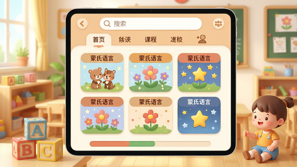 ���壺��������Ӧ�������棬չʾ�ɰ��Ŀ�ͨ��ͯ����ĸ��ľ������Ϊ�����Ľ��һ��������֣���������Ϊ�γ��б����Ϸ����������͵�����ǩ���·��н��������Ű棺���������ͼ��Բ�����ִ�С���С������ܰͯȤ��ɫ����ͣ�����ůɫ����ϸ�ڣ�ÿ���γ̿�Ƭ���в廭����С������䡢���ǣ������С��������ԡ����������ʣ�������Ⱦ���ɾ��޶���Ԫ�ء�