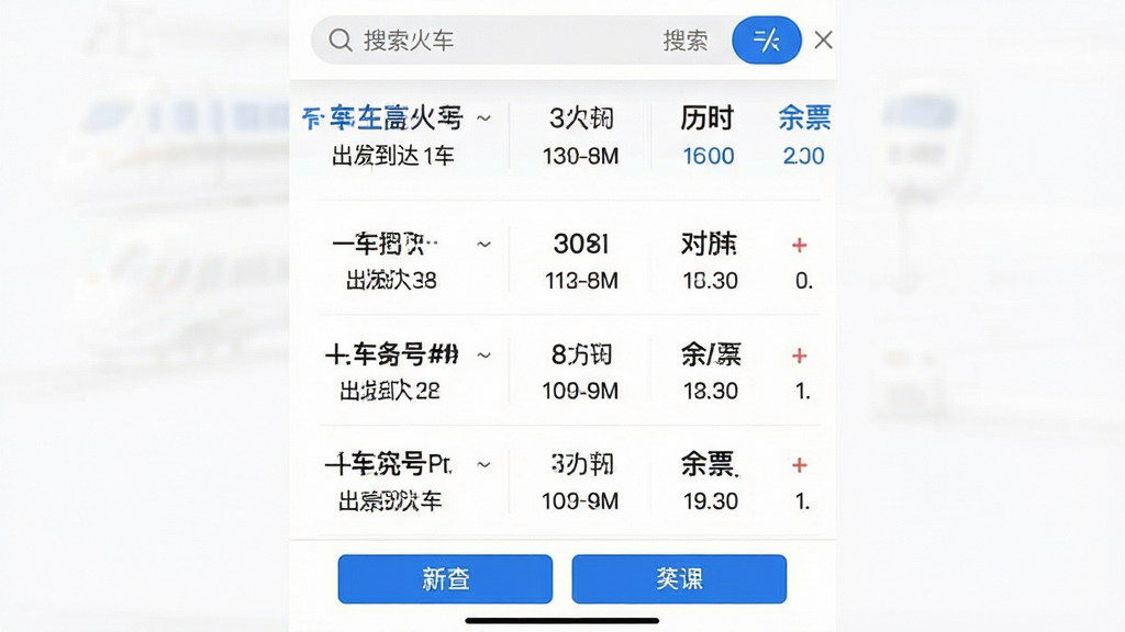 ���壺������һ����ѯApp�ĳ����б�ҳ�棬��ʾ�����г���Ϣ�����֣��б����ϵ������У�ÿ�а������κš���������ʱ�䡢��ʱ����Ʊ���Ű棺��Ϣ���ж��룬�ֺ���������񣺼������磬��ɫ��������ɫ������ϸ�ڣ����������������ײ��й��ܰ�ť�����ʣ����壬�ɾ����޶���Ԫ�ء�