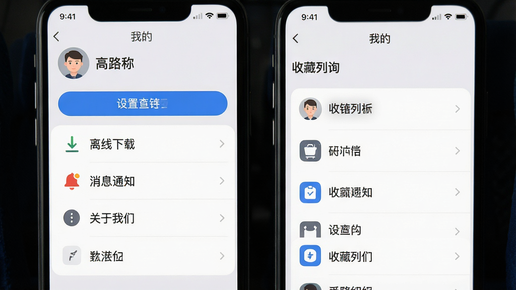 ���壺������һ����ѯApp�ġ��ҵġ�ҳ�棬��ʾ����ѡ����ղ��б������֣�ҳ�涥��Ϊ�û�ͷ����ǳƣ��·�Ϊ�б��˵����Ű棺�˵��ֱ���У�ͼ�������������ˬ��ǳ�ұ�������ɫ��ť��ϸ�ڣ��������������ء�����Ϣ֪ͨ�����������ǡ��ȡ����ʣ����壬�ɾ����޶���Ԫ�ء�