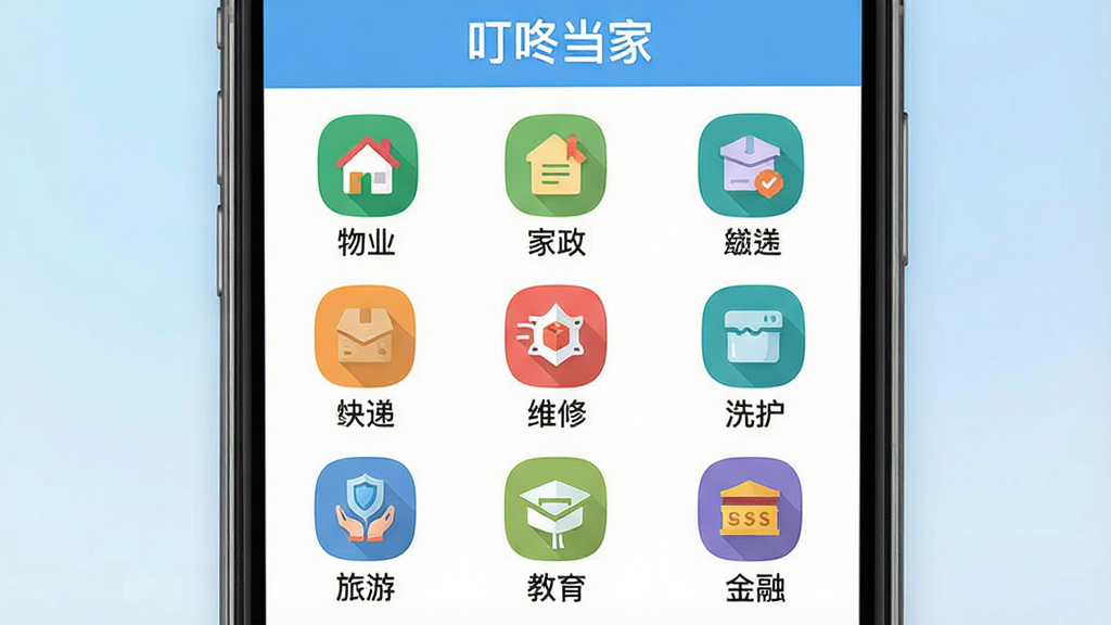 һ�š����˵��ҡ�APP�������չʾͼ������Ϊ�ֻ���Ļ��չʾ�ľŹ������ͼ�꣨����ҵ�����������ʡ���ݡ�ά�ޡ�ϴ�������Ρ����������ڣ���ÿ��ͼ���·��������ı�ǩ������Ϊ����ɫ���䣬ͼ����ñ�ƽ����ƣ�ɫ���������������룬����Լ�ִ������ʸɾ���ͻ�������˵��ҡ�Ʒ�����ơ�