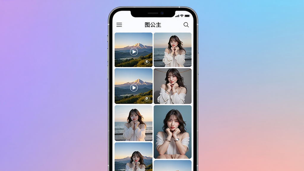 主体:图公主软件在手机上运行,展示多张处理后的精美图片。布局:手机屏幕占据画面中央,背景为渐变色。排版:屏幕内展示图片网格。风格:现代科技感。细节:屏幕上有“图公主”字样,图片内容为风景和人物。画质:高清,干净无多余元素。