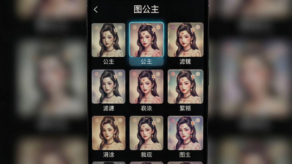 主体:图公主软件滤镜选择界面,展示多款滤镜缩略图。布局:竖向排列的滤镜列表,每款滤镜下方有名称。排版:网格状分布,缩略图大小均匀。风格:复古与科技感混合。细节:屏幕顶部显示“图公主”字样,当前选中滤镜高亮。画质:细腻,干净无多余元素。