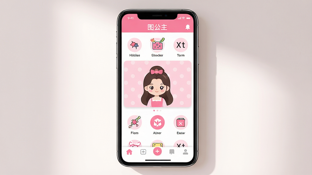 主体:图公主软件界面展示,手机屏幕中显示软件主界面,包含底部功能栏和中央预览区。布局:手机居中,屏幕内容清晰可见,周围有柔和的光影效果。排版:界面简洁,图标排列整齐,色彩以粉色和白色为主。风格:现代扁平化设计,清新可爱。细节:屏幕中显示“图公主”字样,功能图标包括滤镜、贴纸、文字工具等。画质:高清渲染,干净无多余元素。