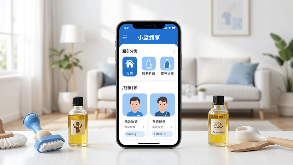 ���壺С������App�Ľ���չʾ���ֻ���Ļ��ʾ�����б��뼼ʦ��Ϣ�����֣��ֻ����У�����Ϊ���Ŀ��������������������Ű棺�ֻ���Ļ����չʾ��С�����ҡ�LOGO���������ͼ�ꡢ��ʦ��Ƭ������ִ���ƽ����ɫ������ɫ���ɫΪ����ϸ�ڣ��ֻ���Χ�м������ߡ���Ħ����ƿ��Ԫ�أ�����ɾ����ࡣ���ʣ����壬�޶���Ԫ�ء�