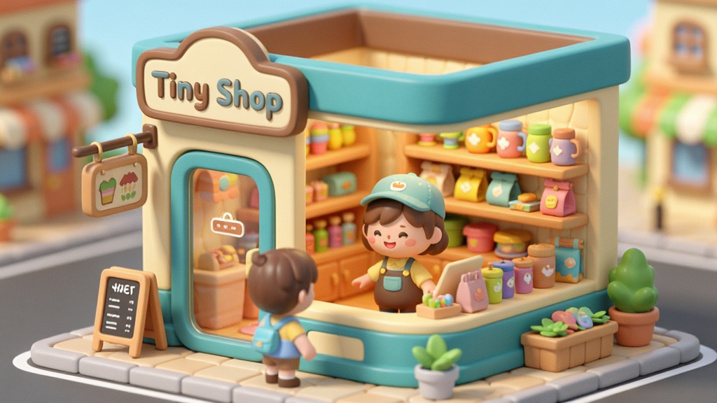 画面中央是一家温馨可爱的迷你店铺,店门口挂着“Tiny Shop”字样的招牌,店内货架整齐摆放着五彩缤纷的商品,店主角色正微笑着迎接顾客,整体采用明亮清新的卡通渲染风格,布局饱满,细节丰富,画质干净无多余元素,突出模拟经营的趣味氛围。