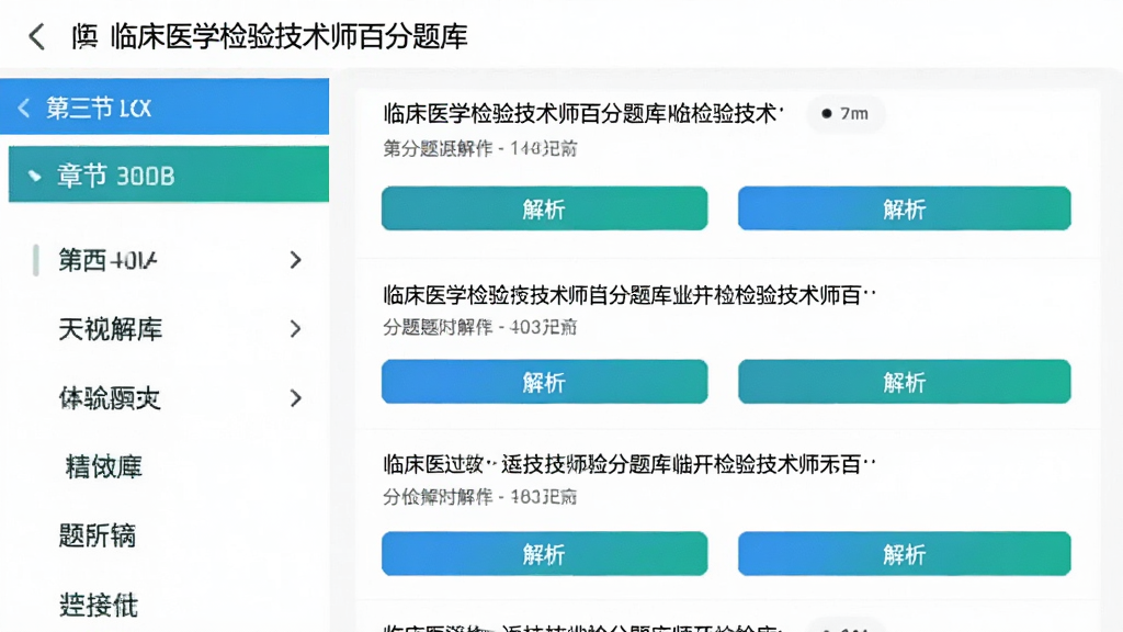 ͼƬչʾ���ٴ�ҽѧ���鼼��ʦ�ٷ���⡱APP������б�ҳ�棬���Ϊ�½ڷ���Ŀ¼���Ҳ�Ϊ��Ŀ�б���ÿ�����·���ʾ����������ť�������԰�ɫΪ��ɫ��������ɫ����ɫ��׺�������ˬ��࣬�����������ɾ��޶���Ԫ��