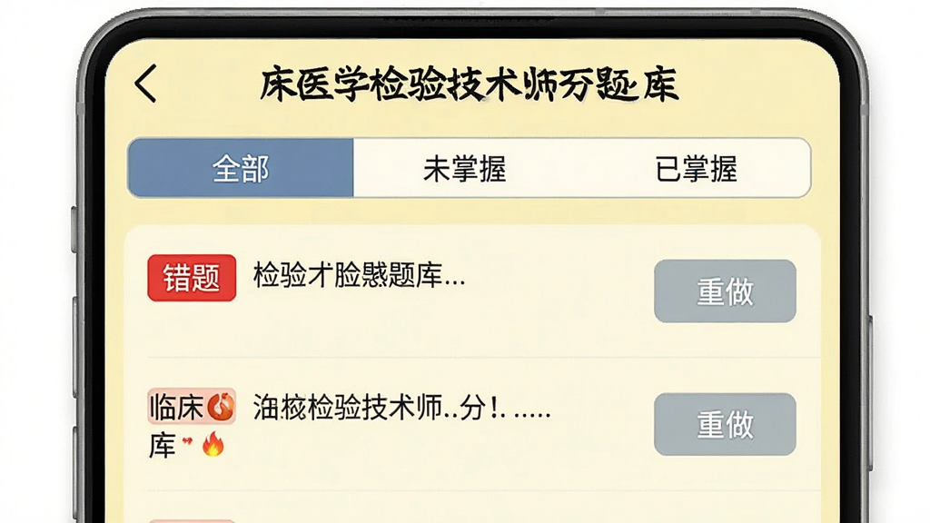 ͼƬչʾ���ٴ�ҽѧ���鼼��ʦ�ٷ���⡱APP�Ĵ��Ȿ���棬�����С�ȫ��������δ���ա����������ա�����ɸѡ��ǩ���·��б�չʾ������Ŀ�͡���������ť�������Ե���ɫΪ��ɫ�������ɫ�����⡱��ǩ�������ʵ�ã����ʸɾ����޶���Ԫ��