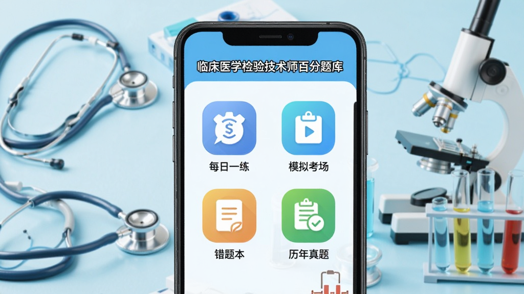 ͼƬ��չʾһ�������ֻ�����Ļ��ʾ���ٴ�ҽѧ���鼼��ʦ�ٷ���⡱APP�����棬���������ÿ��һ��������ģ�⿼�����������Ȿ�������������⡱�ĸ���ɫͼ�꣬����Ϊǳ��ɫҽѧ��񣬴�������������΢�����Թܵ�ҽѧԪ�أ����岼�ּ������������ִ����������ʸɾ����޶���Ԫ��