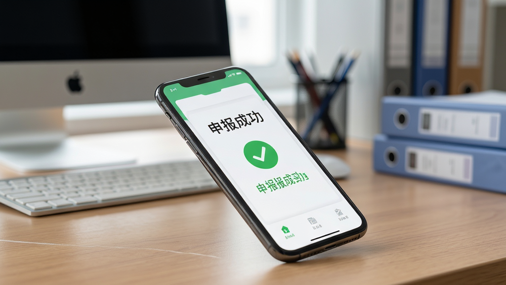 ���壺��˰���ϰ���ʹ��ָ�ϳ������ֻ����ڰ칫���ϣ���Ļ��ʾ�걨�ɹ�ҳ�棬����Ϊ�칫�һ������е��Ժ��ļ�������Ϊ����ͼ���Ű���Ȼ�����дʵ��ϸ�ڰ����ֻ���Ļ�ϵġ��걨�ɹ�����������ɫ�Թ������ʸ��壬�ɾ����޶���Ԫ�ء�