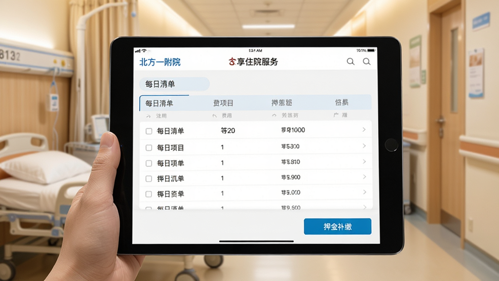 ʹ��ƽ���豸չʾ������һ��Ժ��APPסԺ������棬������ʾÿ���嵥�б���Ѻ�𲹽ɰ�ť������Ϊ����Ĳ������ȣ�������ͣ�����Ϊƽ����Ļ��д�����ֲ������ַ���ͼ�������ܰдʵ��ϸ�ڰ������š�������Ŀ��������Ϣ������������ͣ��ɾ��޶���Ԫ��