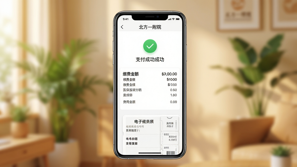 �ֻ���Ļչʾ������һ��Ժ��APP֧���ɹ�ҳ�棬��ʾ�ɷѽ�ҽ��������ϸ�����Ʊ����ʽ������Ϊůɫ�������ڻ���������ֲ�黯������Ϊ��Ļȫ��չʾ�����־��У������������ϸ�ڰ���֧���ɹ��Թ�ͼ��ͷ�����Ŀ�б������ʸɾ������������޶���Ԫ��
